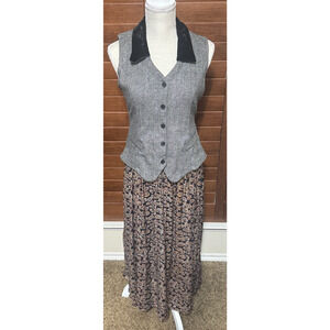 VTG 90s CJW Wool Dress Herringbone Vest Paisley Prairie Academia Teacher sz S